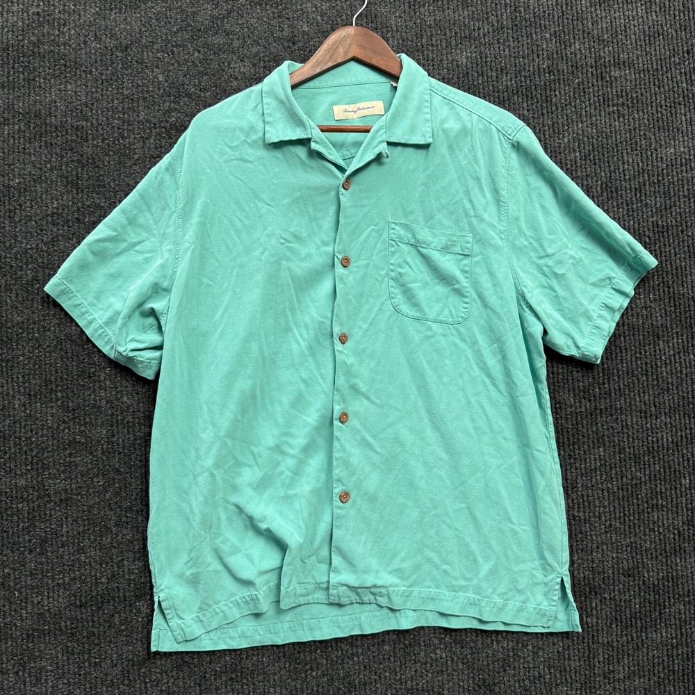 Tommy Bahama Mens Large Silk Camp Shirt Aqua Blue Green Short Sleeve Hawaiian